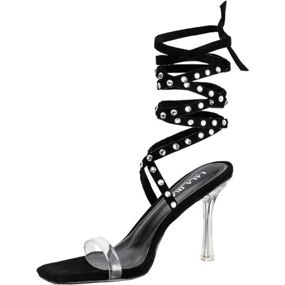 Lala Ikai Clear Strap Square Toe Rhinestone Strappy 3.5" Stiletto Sandals Size 9 - Picture 1 of 12